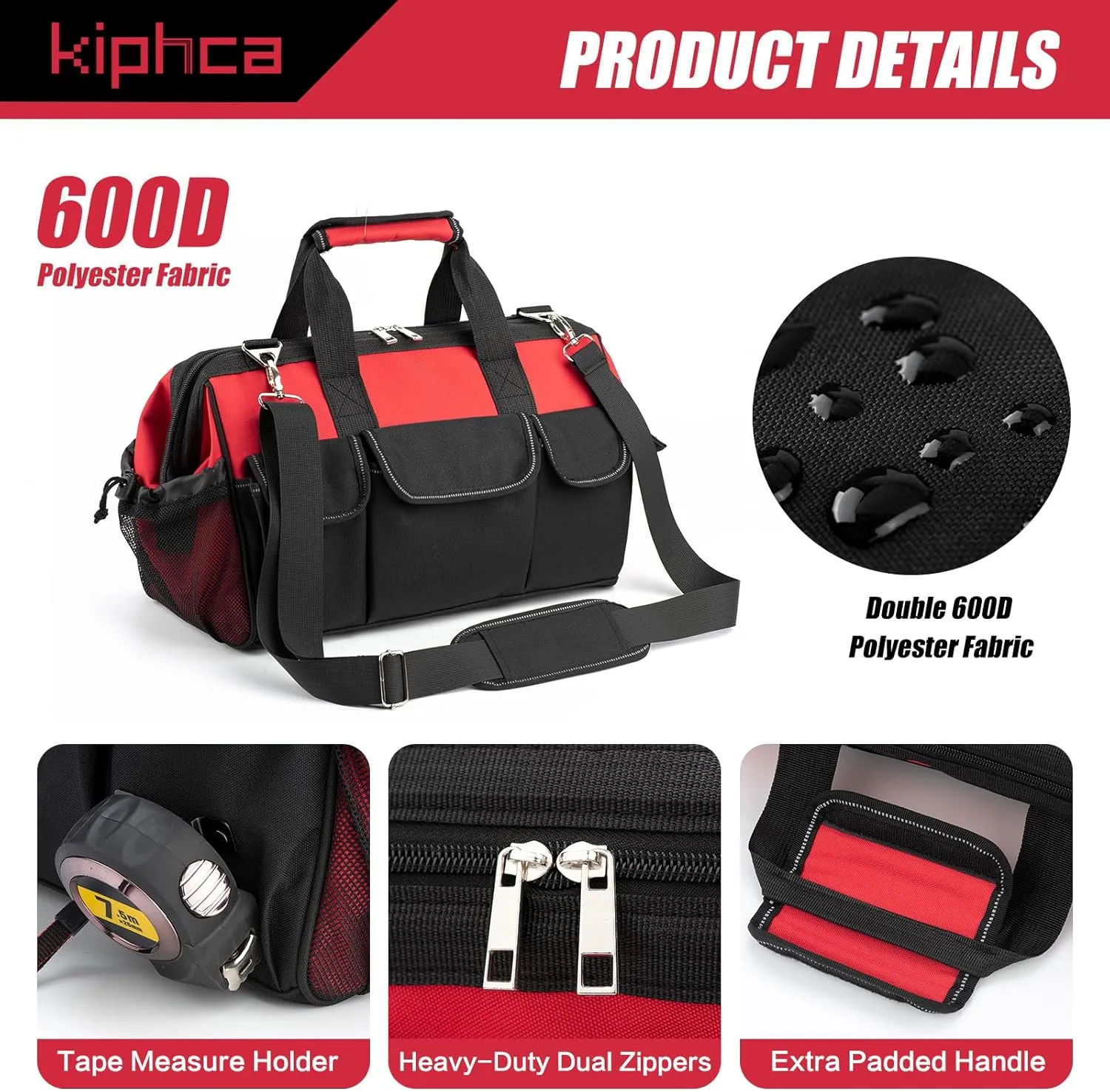 Tool Bag, 16 Inch Top Tool Organizer, Water-Resistant, Electrician Tool Bag with Handle & Padded Strap, Red