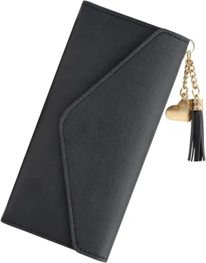 Trifold Wallet for Women, Long Slim Womens Wallet Clutch with Heart Pendant Tassel, PU Leather Women's Wallets Card Holder, Coin Slot (Black)