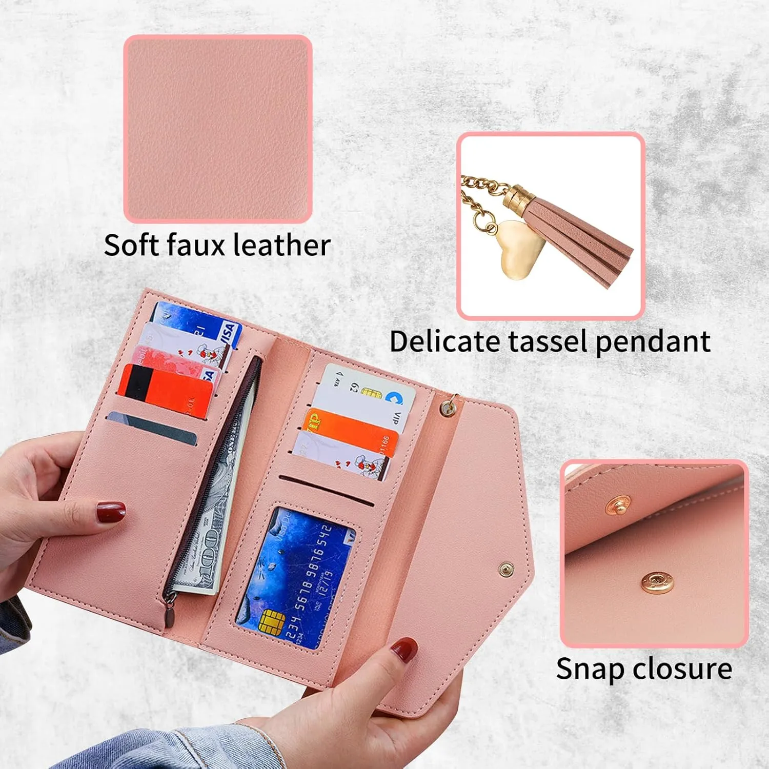 Trifold Wallet for Women, Long Slim Womens Wallet Clutch with Heart Pendant Tassel, PU Leather Women's Wallets Card Holder, Coin Slot (Black)