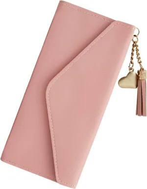 Trifold Wallet for Women, Long Slim Womens Wallet Clutch with Heart Pendant Tassel, PU Leather Women's Wallets Card Holder, Coin Slot (Pink)